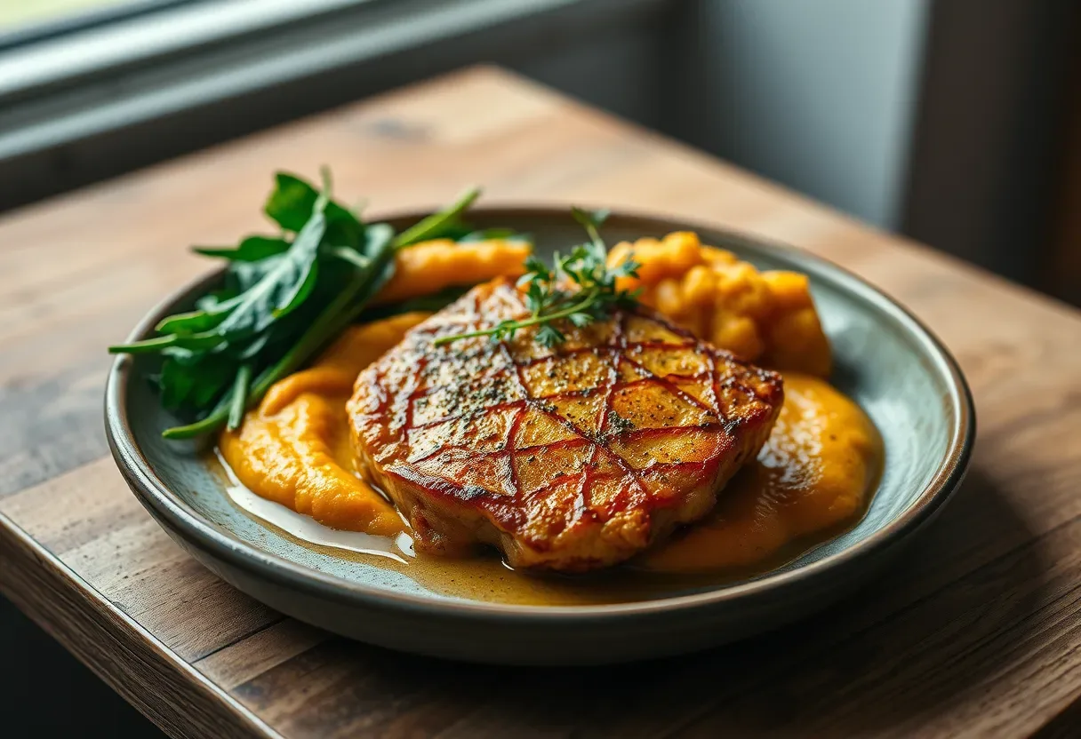 Cauliflower steak with carrot purée and sautéed spinach