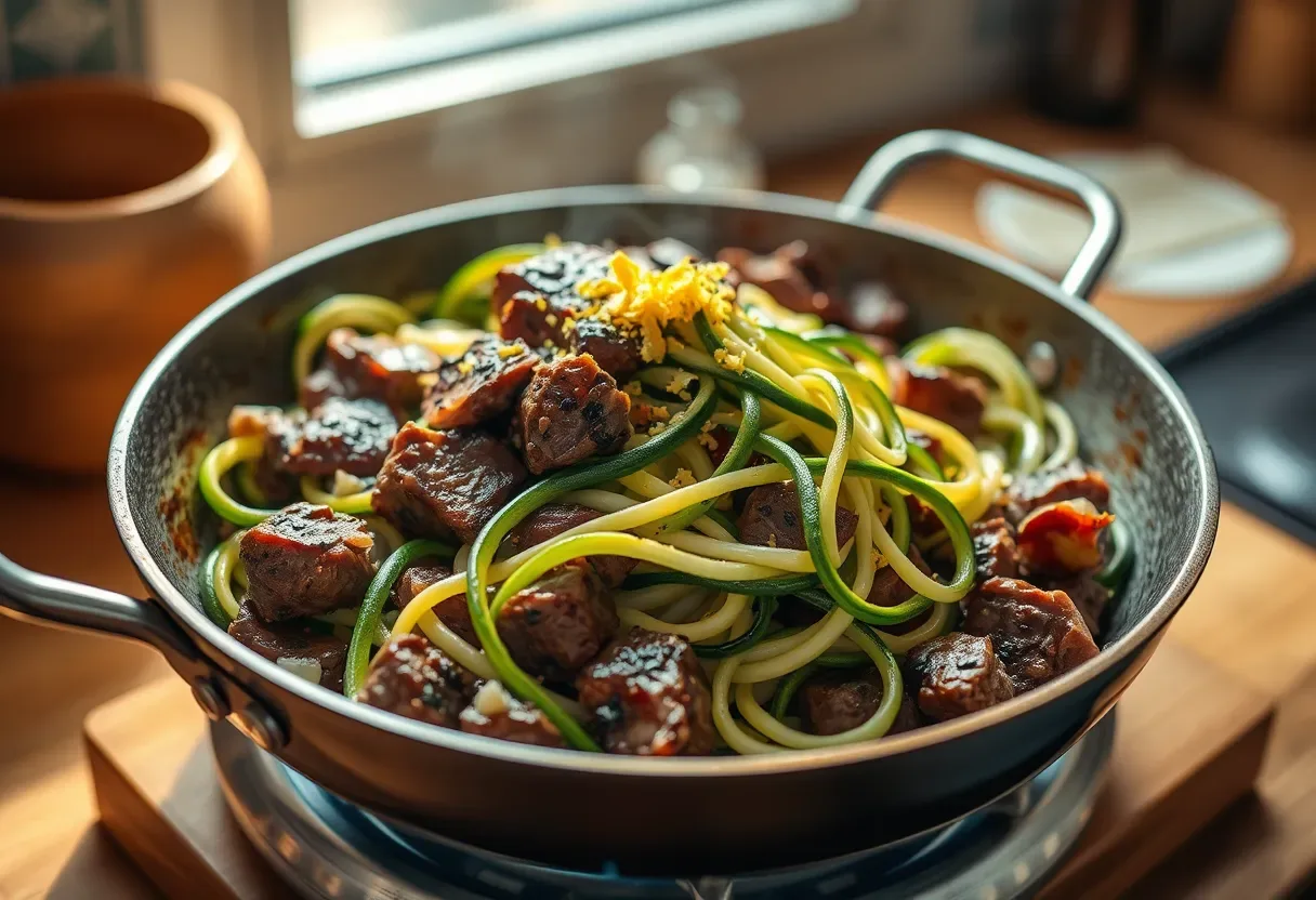 Beef stir-fry with zucchini noodles and lemon-herb finish on a wooden cutting board