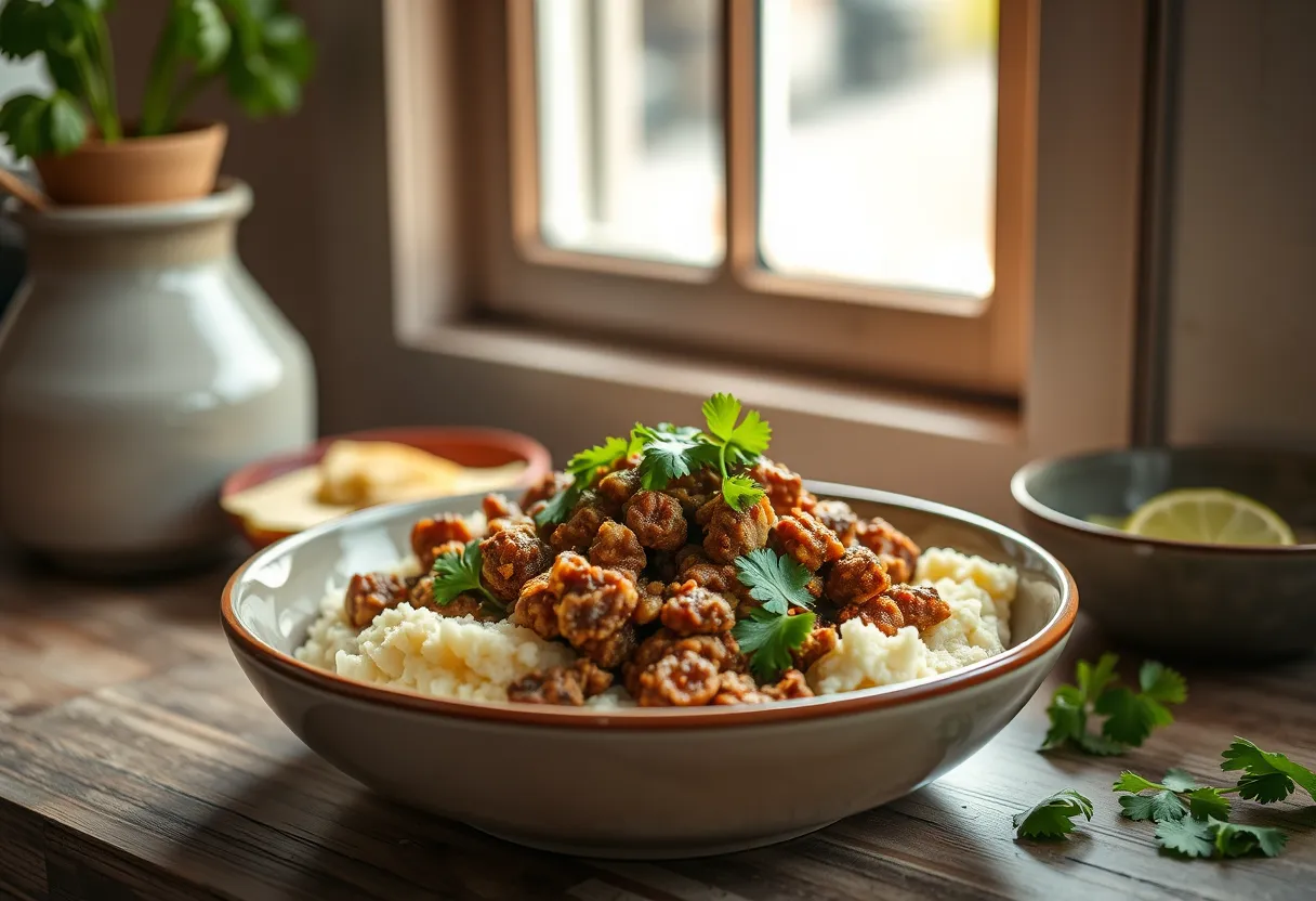 Ground meat in coconut sauce over cauliflower mash with cilantro