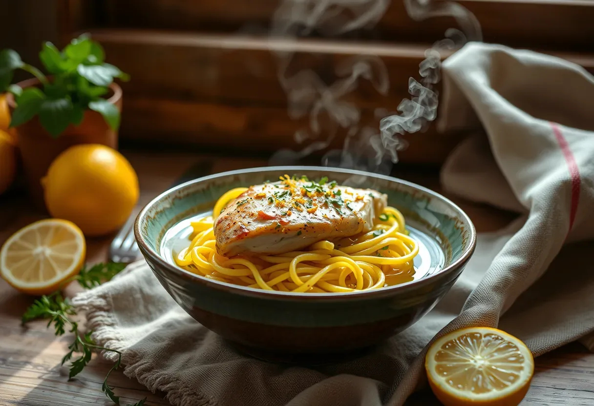 Slow-cooked lemon-herb chicken with turmeric zucchini noodles, in a rustic bowl, garnished with parsley.