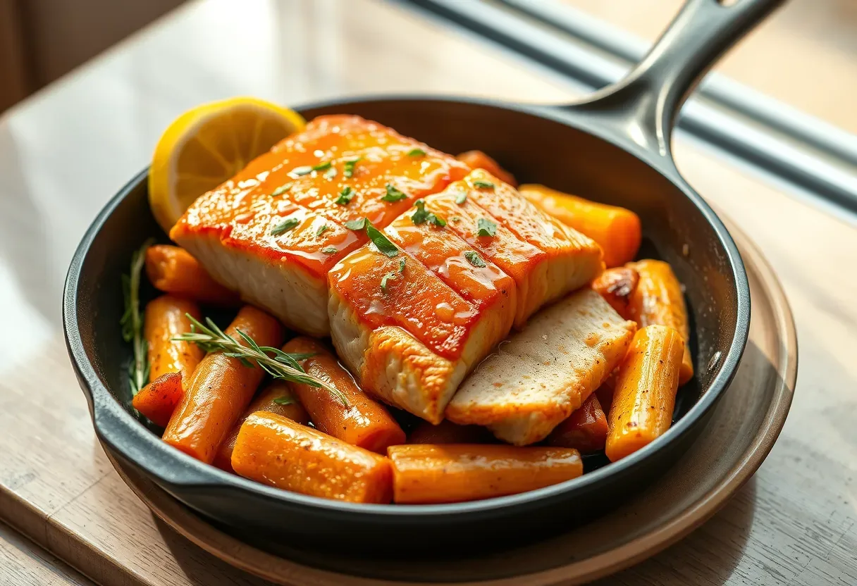 Salmon fillet over roasted root vegetables with lemon-ginger glaze, AIP-friendly dinner