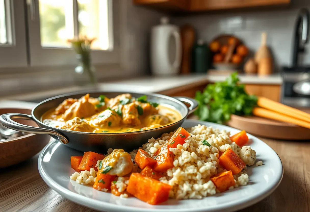 Coconut curry chicken served over cauliflower rice with roasted carrots