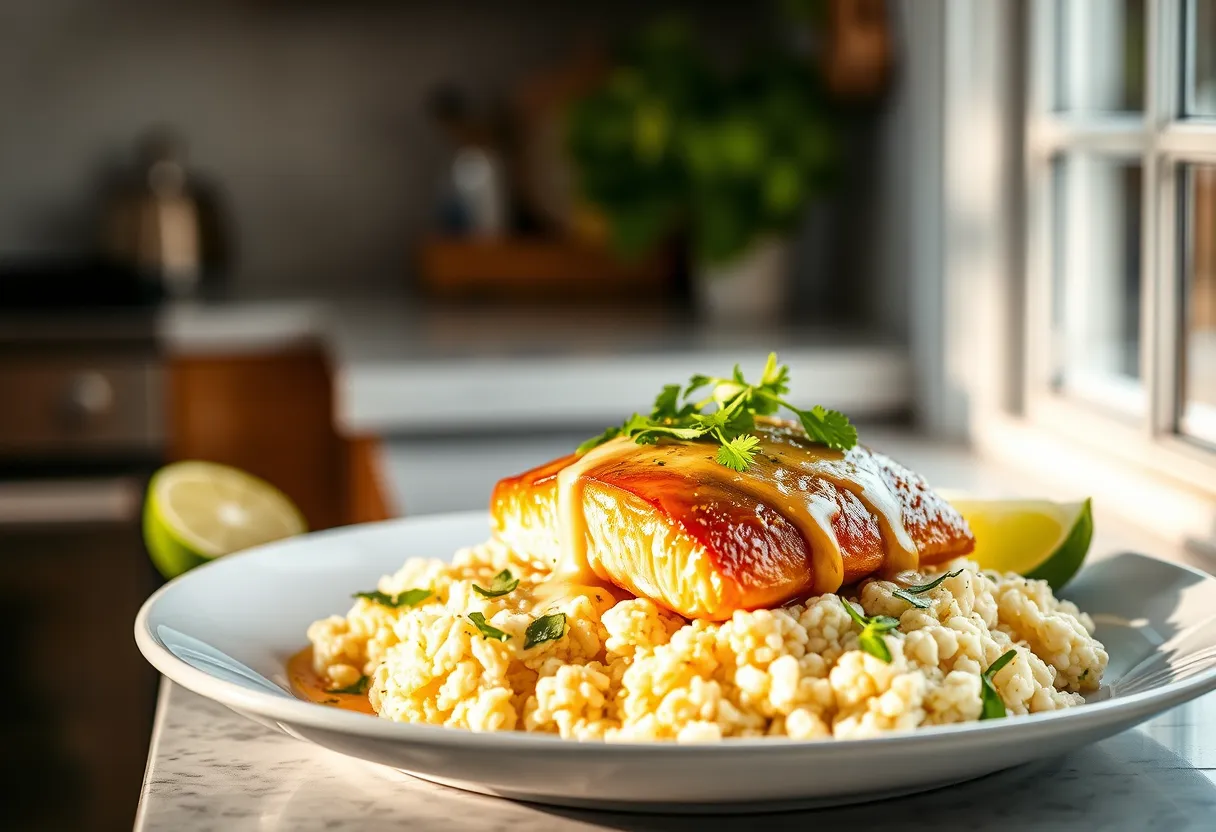 Salmon fillet drizzled with coconut lemongrass sauce served over cauliflower rice with lime zest.