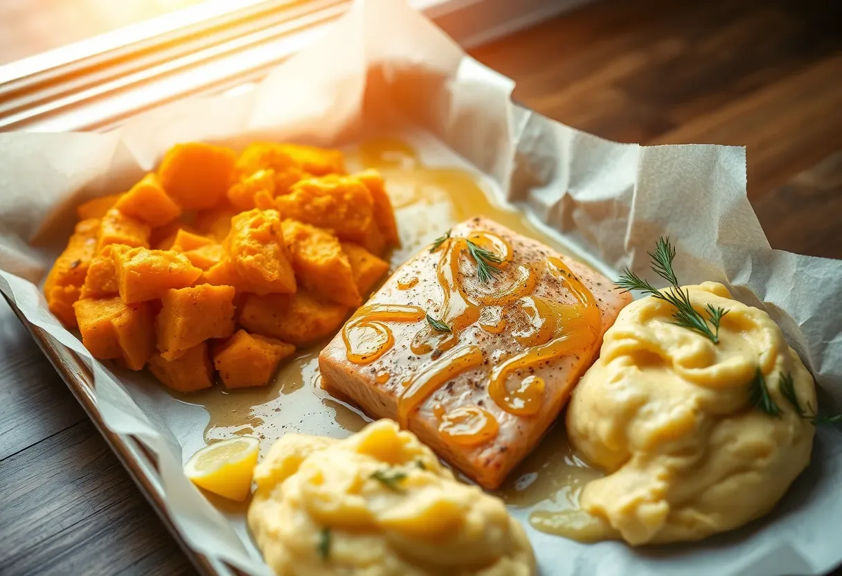 Baked ginger-laced salmon with smooth sweet potato mash on a plate, garnished with dill.