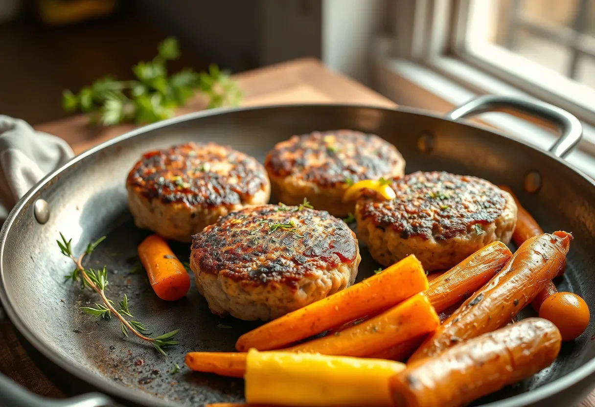Herbed turkey patties with a side of caramelized roasted root medley