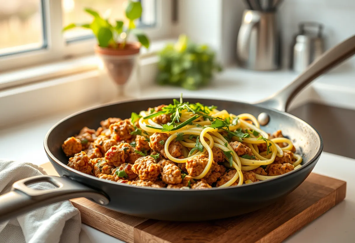One-pan turkey skillet over zucchini noodles with herbs, a healthy AIP meal