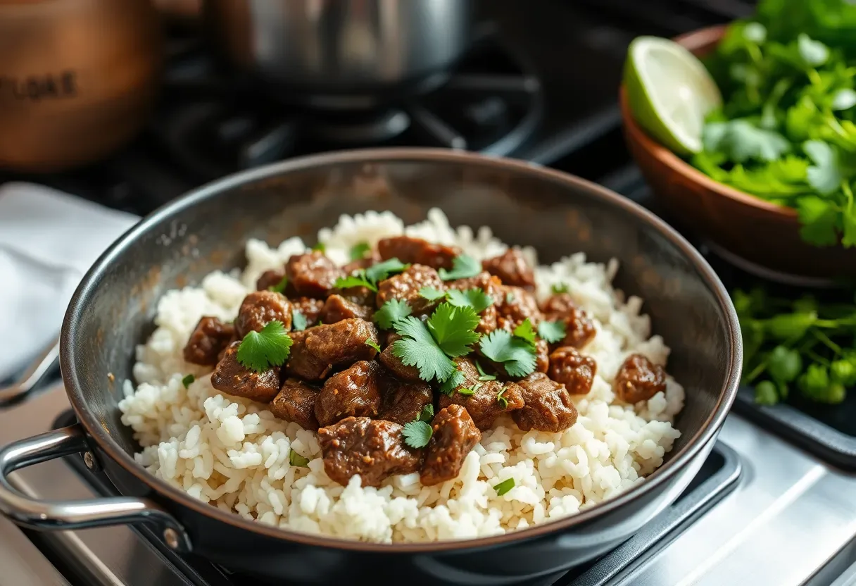 Cilantro-lime beef skillet served over cauliflower rice with lime and cilantro garnish.