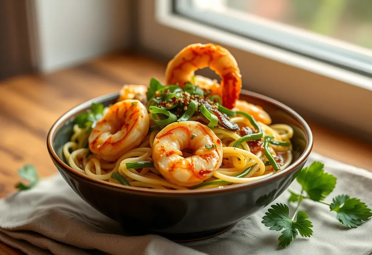 Ginger-sesame zoodle bowl with grilled shrimp, AIP-friendly