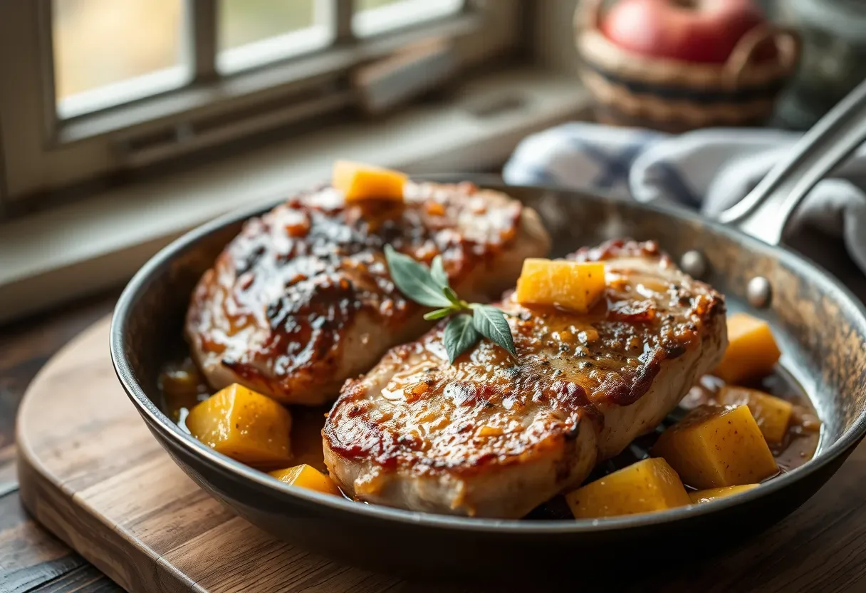 Garlic-turmeric pork chops with sage-apple sauté