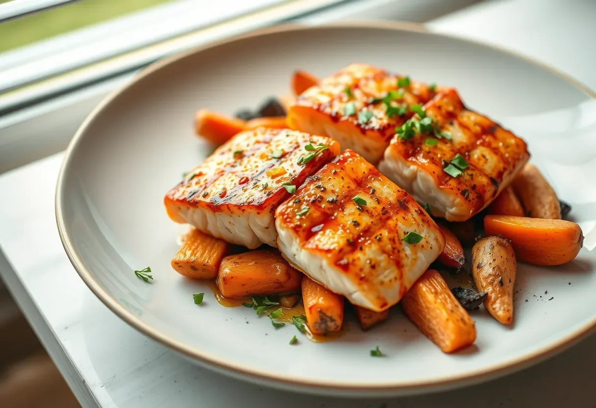 Citrus-Herb Gilled Salmon with Roasted Root Medley on a white plate