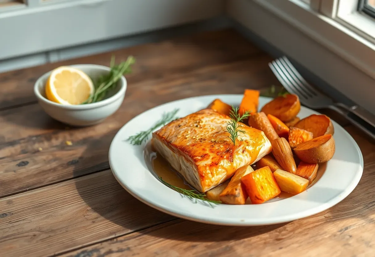 Salmon fillets roasted with root vegetables on a baking sheet, bright lemon, and herbs.