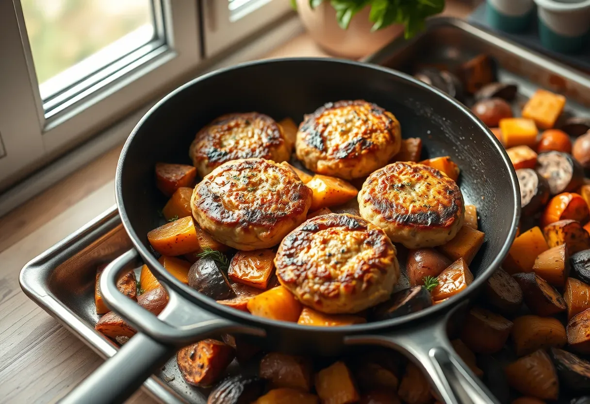 Turkey patties with roasted root medley on a sheet pan for Paleo dinner