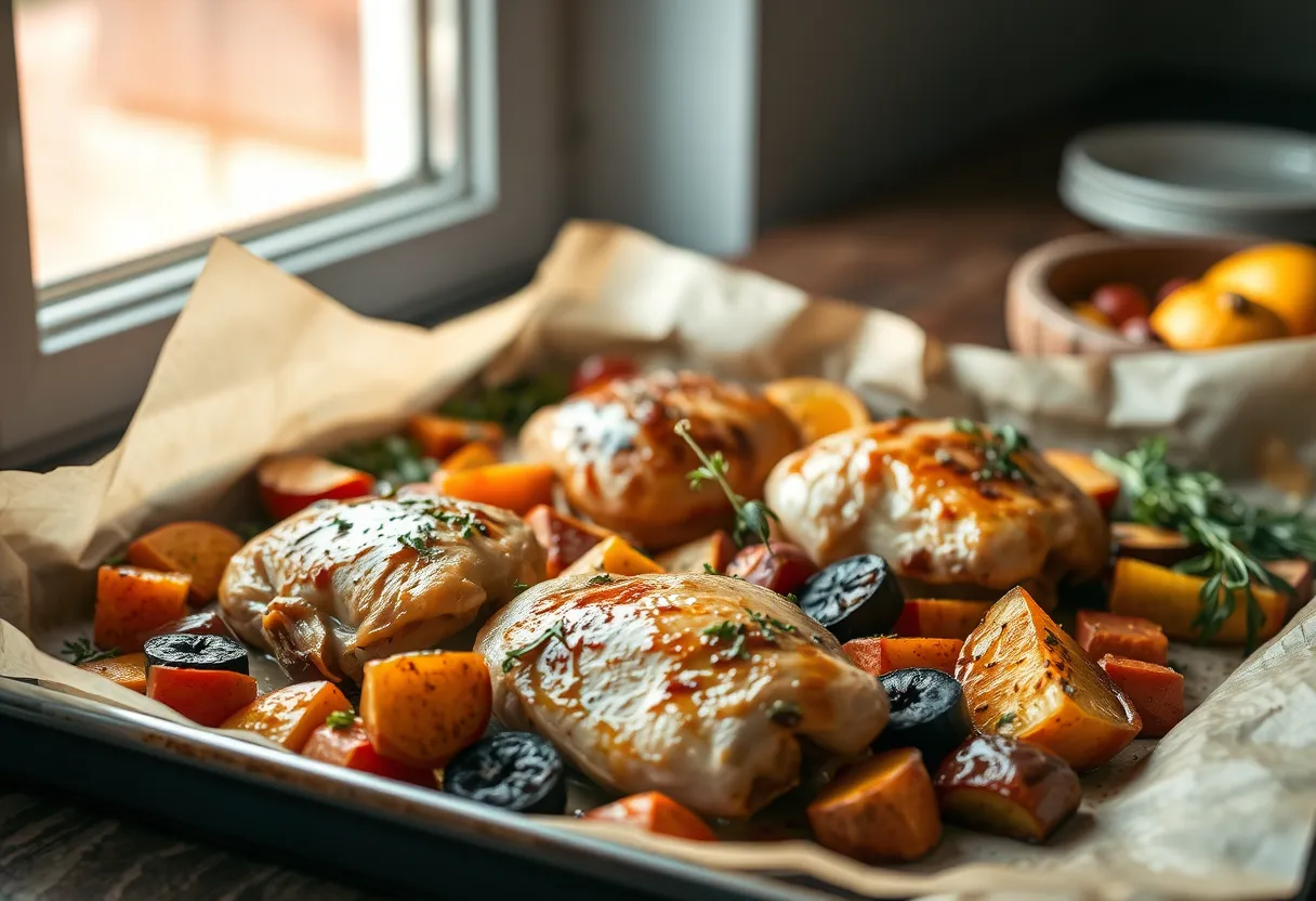 Roasted chicken thighs with a medley of root vegetables on a sheet pan, seasoned with lemon and ginger.