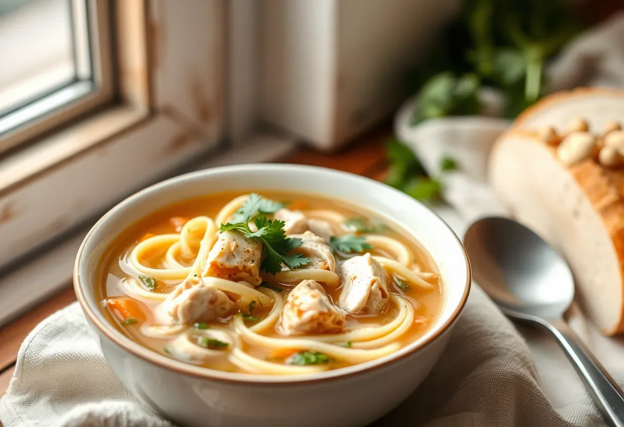 Bowl of chicken zoodle soup with vegetables and herbs.
