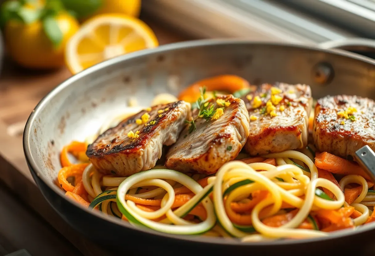 Pork medallions with citrus and zucchini noodles over sweet potato noodles