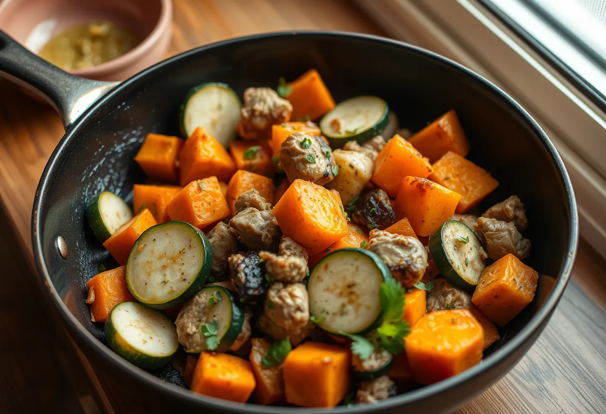 Skillet with browned ground turkey, sweet potato cubes, and zucchini, seasoned with thyme and rosemary, ready to serve.