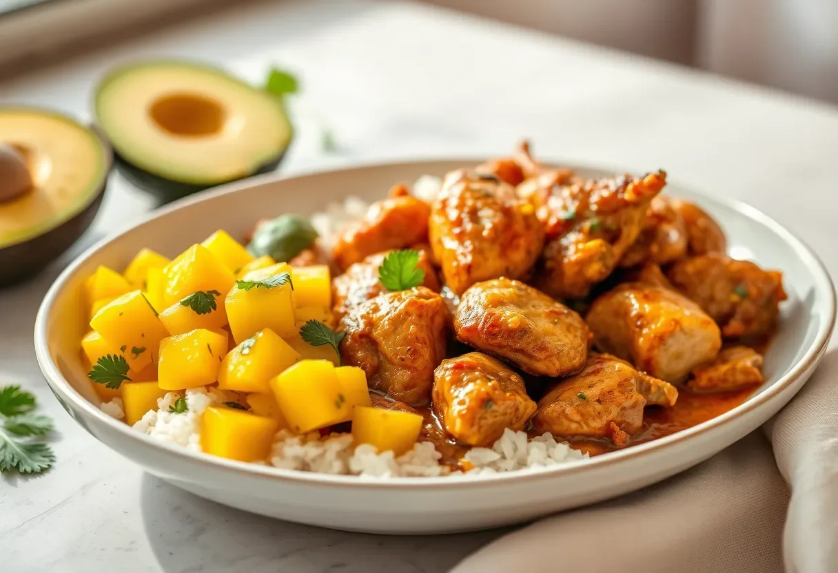 Coconut-Cilantro Braised Chicken with Mango-Avocado Salsa