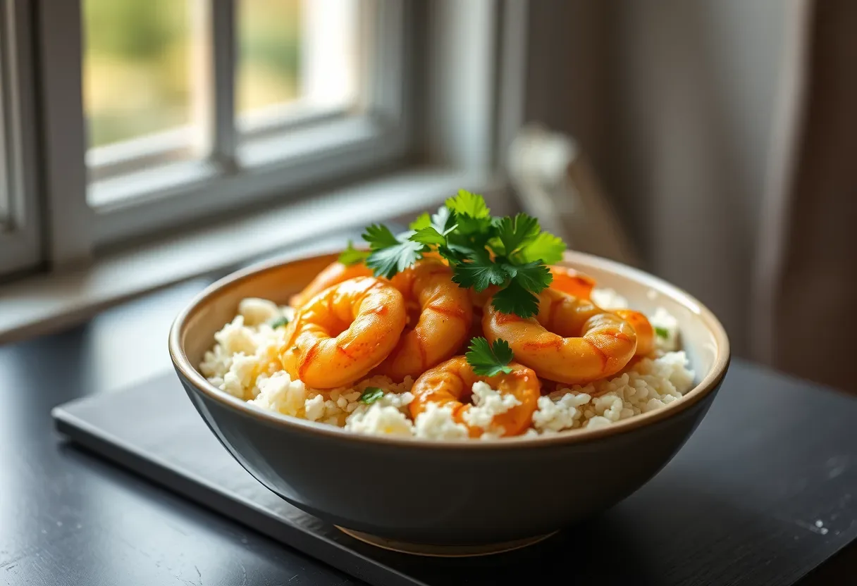 Shrimp curry served over cauliflower rice with cilantro garnish.