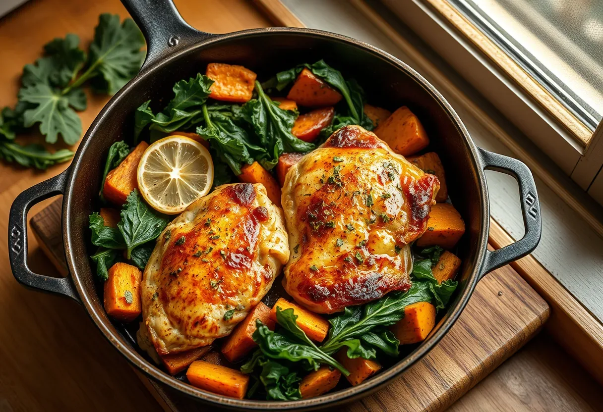 Skillet lemon-herb chicken thighs with roasted roots and kale, paleo dinner idea