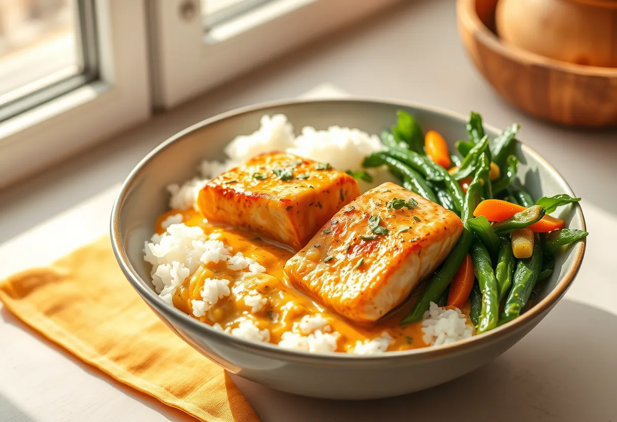 Salmon in coconut curry sauce with coconut rice and greens.